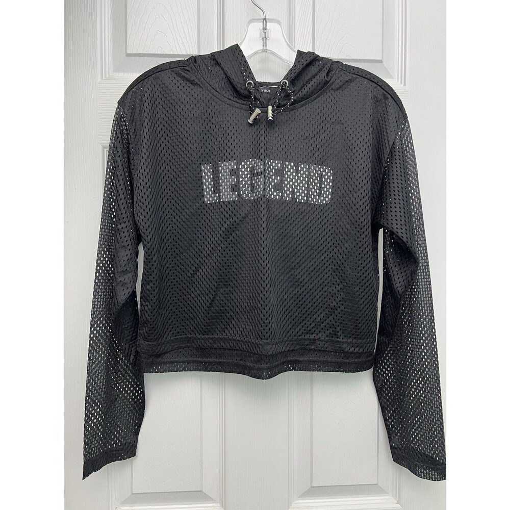 Forever 21 Women’s Small Black Mesh Hooded Crop Top Legend Long Sleeve
